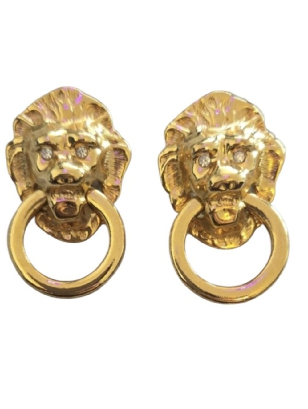 Gold Lion Head Ring Drop Earrings - Women's Statement Jewelry